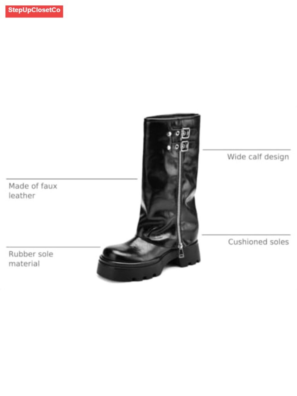 Women's Knee High Moto Riding Boots Foldover Block Heel Platform Faux Leather - Picture 2 of 6